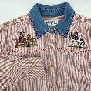 Solutions Medium Red Stripe Denim Collar Western Rodeo Cowboy Embroidered Shirt